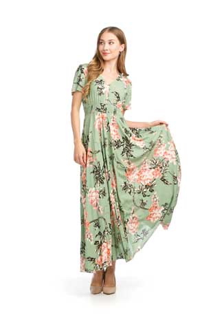 PD-16517 - FLORAL PRINT SHORT SLEEVE BUTTON FRONT MAXI WITH SMOCKING WAIST - Colors: AS SHOWN - Available Sizes:XS-XXL - Catalog Page:27 